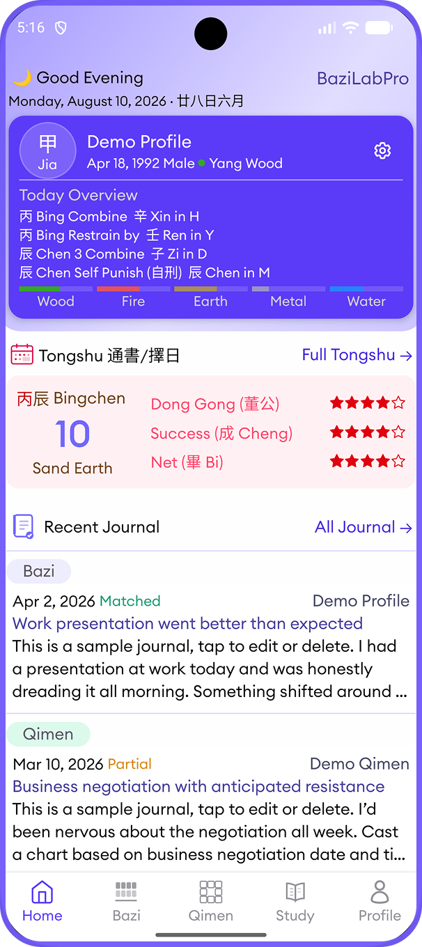BaziLabPro home screen showing today's Bazi overview, Tongshu almanac, and recent journal entries